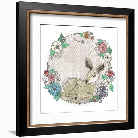 Cute Baby Deer and Flowers Frame.-cherry blossom girl-Framed Art Print