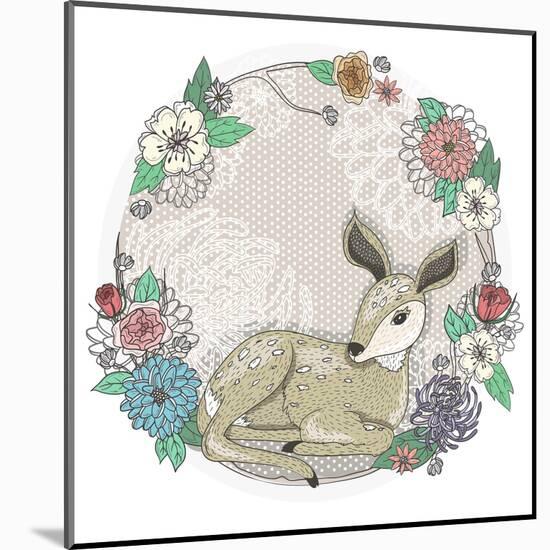 Cute Baby Deer and Flowers Frame.-cherry blossom girl-Mounted Art Print