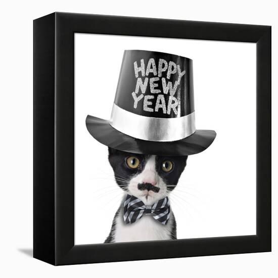 Cute Black and White Kitten with Moustache, Bow Tie and Happy New Year Hat-Hannamariah-Framed Premier Image Canvas