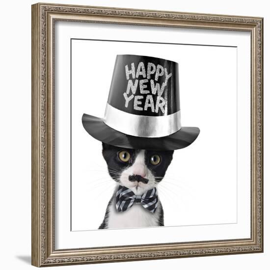 Cute Black and White Kitten with Moustache, Bow Tie and Happy New Year Hat-Hannamariah-Framed Photographic Print