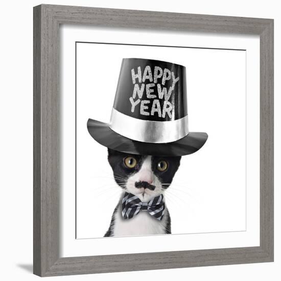 Cute Black and White Kitten with Moustache, Bow Tie and Happy New Year Hat-Hannamariah-Framed Photographic Print