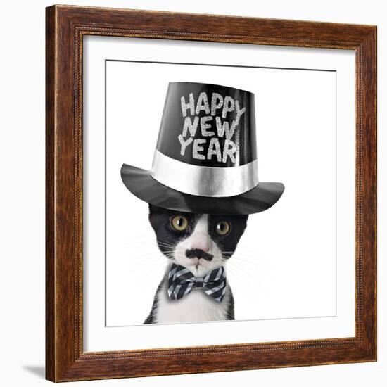 Cute Black and White Kitten with Moustache, Bow Tie and Happy New Year Hat-Hannamariah-Framed Photographic Print