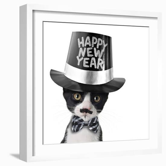 Cute Black and White Kitten with Moustache, Bow Tie and Happy New Year Hat-Hannamariah-Framed Photographic Print