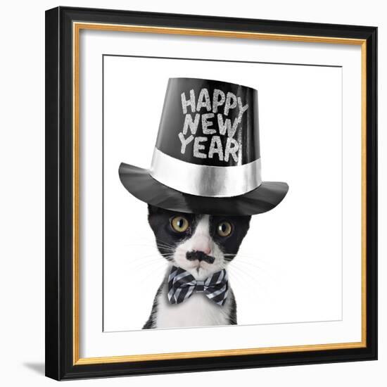 Cute Black and White Kitten with Moustache, Bow Tie and Happy New Year Hat-Hannamariah-Framed Photographic Print