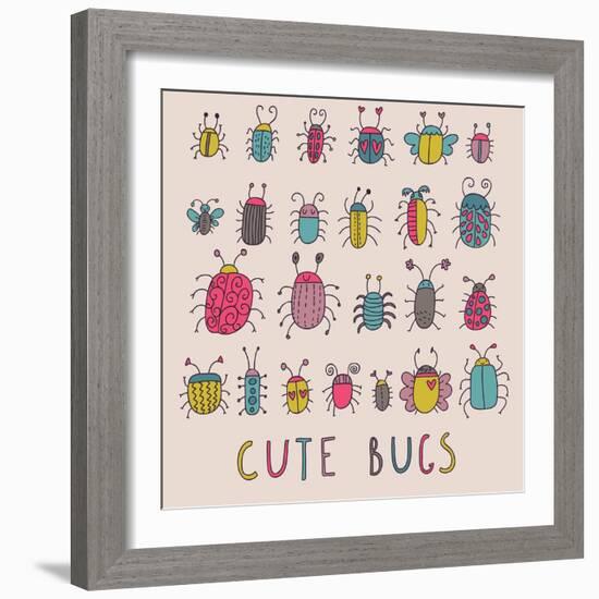 Cute Bugs. Cartoon Insects in Vector Set-smilewithjul-Framed Art Print