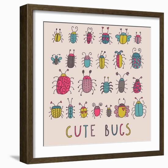 Cute Bugs. Cartoon Insects in Vector Set-smilewithjul-Framed Art Print