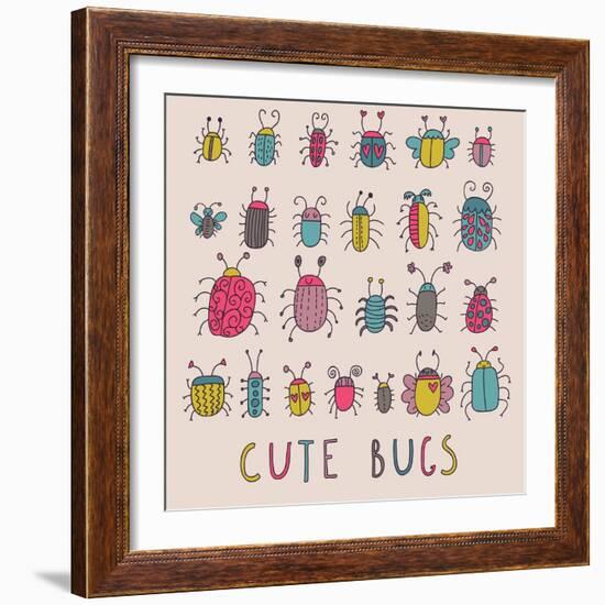 Cute Bugs. Cartoon Insects in Vector Set-smilewithjul-Framed Art Print