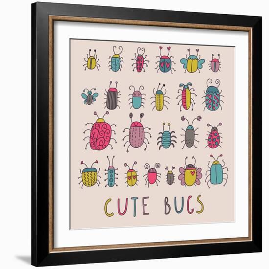 Cute Bugs. Cartoon Insects in Vector Set-smilewithjul-Framed Art Print