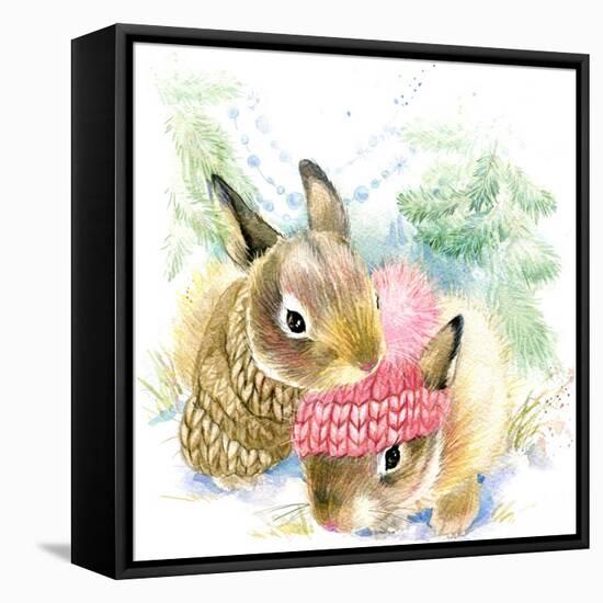 Cute Bunny in Winter Forest. Cute Rabbit Watercolor Drawing. Bunny Illustration for Christmas Greet-Faenkova Elena-Framed Stretched Canvas