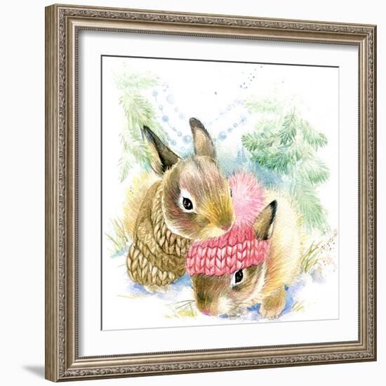 Cute Bunny in Winter Forest. Cute Rabbit Watercolor Drawing. Bunny Illustration for Christmas Greet-Faenkova Elena-Framed Art Print