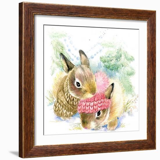 Cute Bunny in Winter Forest. Cute Rabbit Watercolor Drawing. Bunny Illustration for Christmas Greet-Faenkova Elena-Framed Art Print