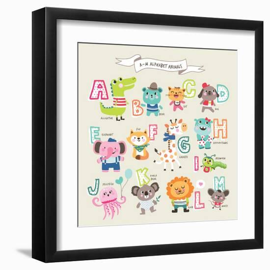 Cute Cartoon Animals Alphabet from A to M-littleWhale-Framed Art Print