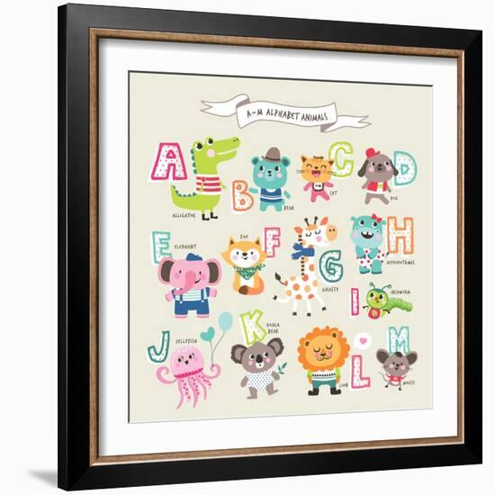 Cute Cartoon Animals Alphabet from A to M-littleWhale-Framed Art Print