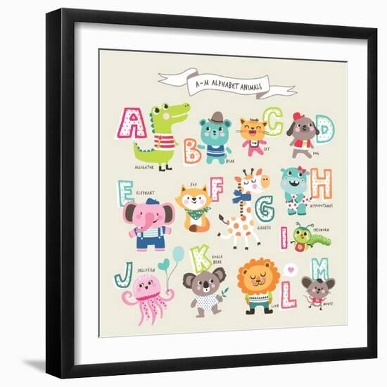 Cute Cartoon Animals Alphabet from A to M-littleWhale-Framed Art Print