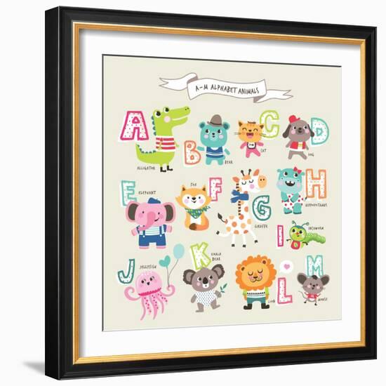 Cute Cartoon Animals Alphabet from A to M-littleWhale-Framed Art Print