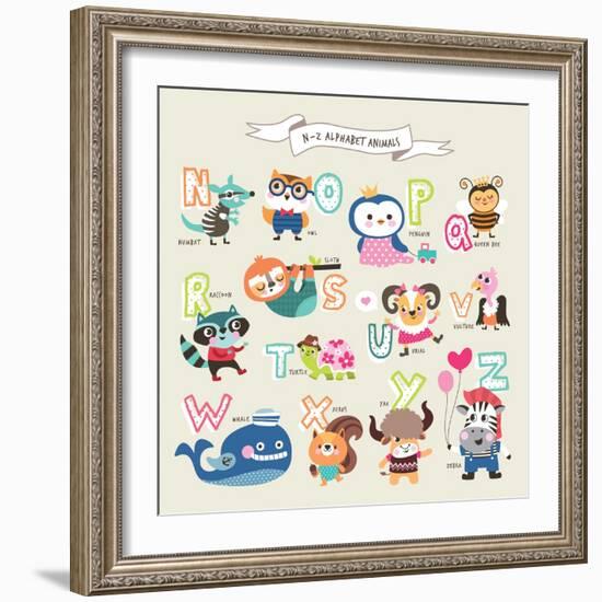 Cute Cartoon Animals Alphabet from N to Z-littleWhale-Framed Art Print