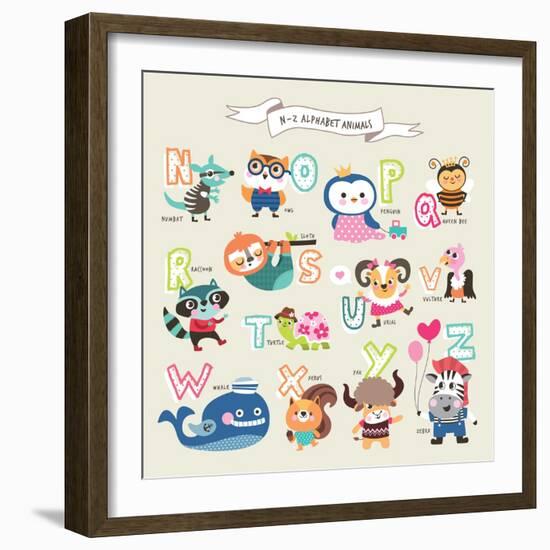 Cute Cartoon Animals Alphabet from N to Z-littleWhale-Framed Art Print