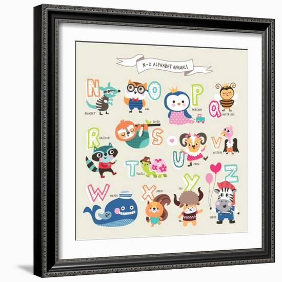 Cute Cartoon Animals Alphabet from N to Z-littleWhale-Framed Art Print