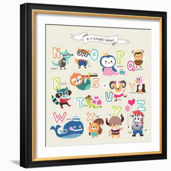 Cute Cartoon Animals Alphabet from N to Z-littleWhale-Framed Art Print