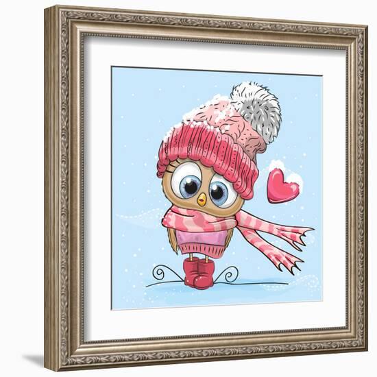 Cute Cartoon Owl in a Hat and Scarf-Reginast777-Framed Art Print