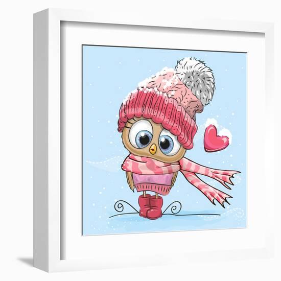 Cute Cartoon Owl in a Hat and Scarf-Reginast777-Framed Art Print