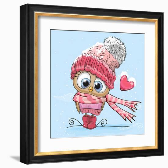 Cute Cartoon Owl in a Hat and Scarf-Reginast777-Framed Art Print