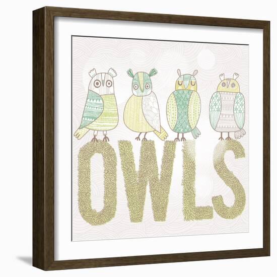 Cute Cartoon Owls in Vector with Text Made of Summer Leafs. Childish Card in Pastel Green Colors-smilewithjul-Framed Art Print