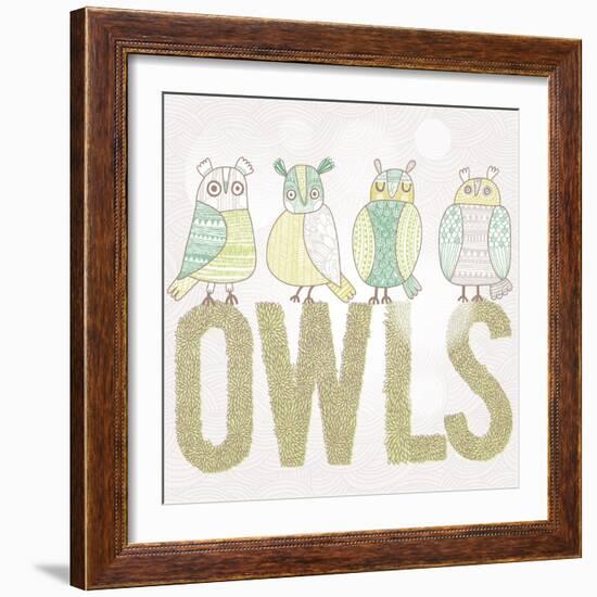 Cute Cartoon Owls in Vector with Text Made of Summer Leafs. Childish Card in Pastel Green Colors-smilewithjul-Framed Art Print