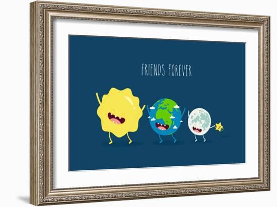 Cute Cartoon Planet Earth, Sun, Moon and Star. Earth Day Background.-Serbinka-Framed Art Print