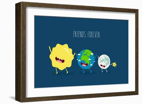 Cute Cartoon Planet Earth, Sun, Moon and Star. Earth Day Background.-Serbinka-Framed Art Print