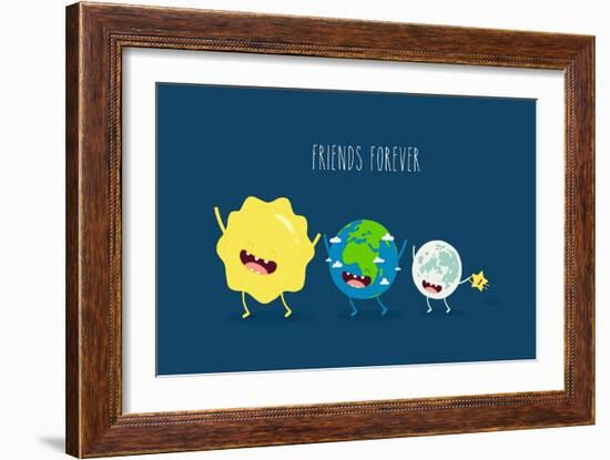 Cute Cartoon Planet Earth, Sun, Moon and Star. Earth Day Background.-Serbinka-Framed Art Print