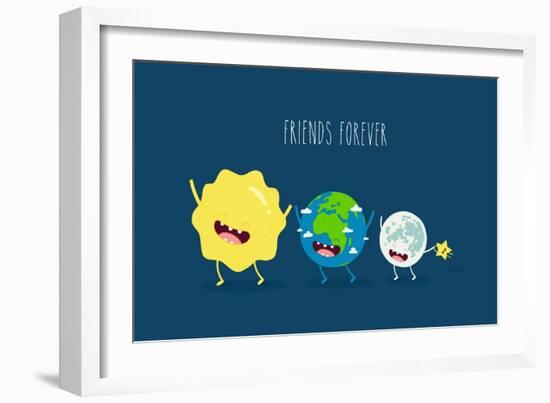 Cute Cartoon Planet Earth, Sun, Moon and Star. Earth Day Background.-Serbinka-Framed Art Print