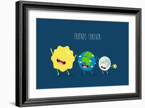 Cute Cartoon Planet Earth, Sun, Moon and Star. Earth Day Background.-Serbinka-Framed Art Print