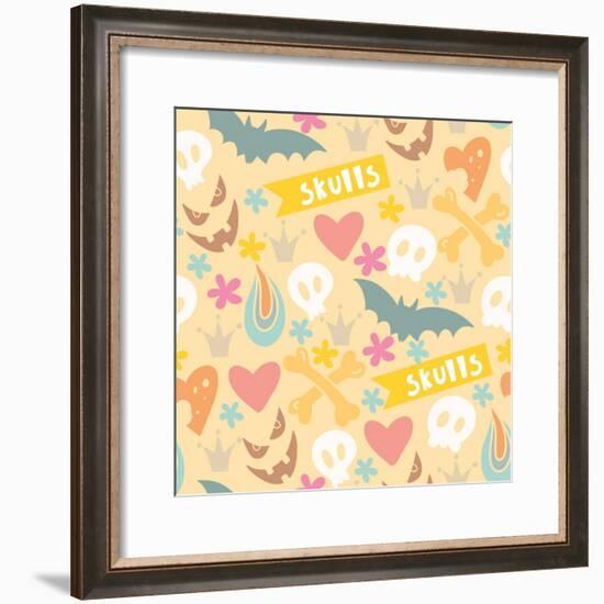 Cute Cartoon Seamless Pattern with Funny Skulls, Letters, Hearts, Flowers and Crowns in Gentle Colo-MarushaBelle-Framed Premium Giclee Print