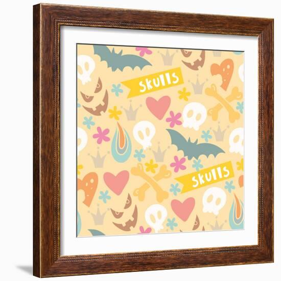 Cute Cartoon Seamless Pattern with Funny Skulls, Letters, Hearts, Flowers and Crowns in Gentle Colo-MarushaBelle-Framed Premium Giclee Print