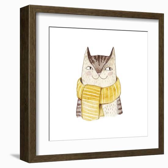 Cute Cat in Scarf . Watercolor Illustration with Domestic Animal. Lovely Pet. Hand Drawn Illustrati-Maria Sem-Framed Art Print