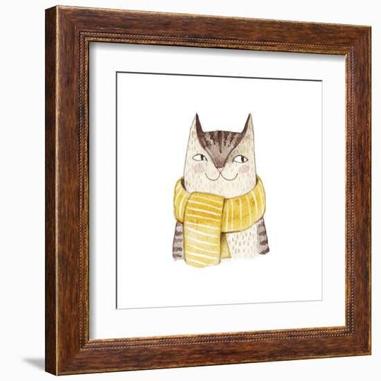 Cute Cat in Scarf . Watercolor Illustration with Domestic Animal. Lovely Pet. Hand Drawn Illustrati-Maria Sem-Framed Art Print