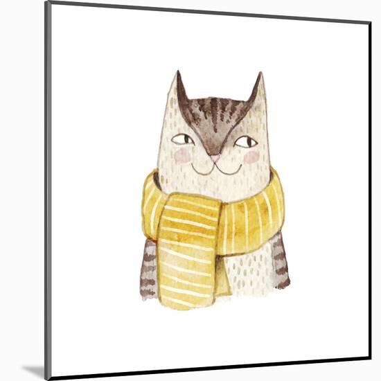 Cute Cat in Scarf . Watercolor Illustration with Domestic Animal. Lovely Pet. Hand Drawn Illustrati-Maria Sem-Mounted Art Print