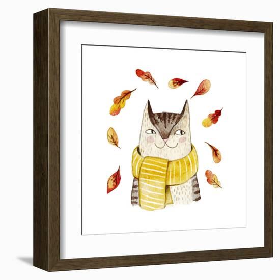 Cute Cat in Scarf with Autumn Leaves. Watercolor Illustration with Domestic Animal. Lovely Pet. Han-Maria Sem-Framed Art Print