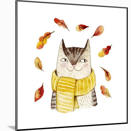 Cute Cat in Scarf with Autumn Leaves. Watercolor Illustration with Domestic Animal. Lovely Pet. Han-Maria Sem-Mounted Art Print