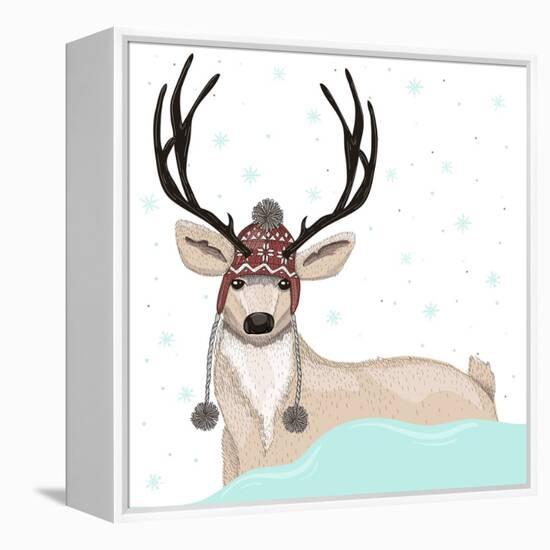 Cute Deer With Hat Winter Background-cherry blossom girl-Framed Stretched Canvas