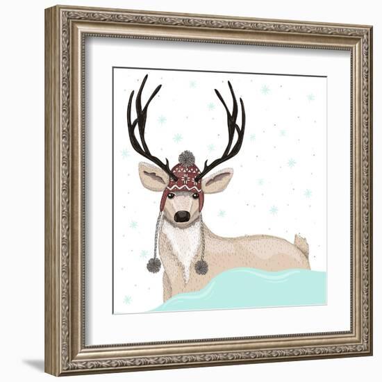 Cute Deer With Hat Winter Background-cherry blossom girl-Framed Art Print