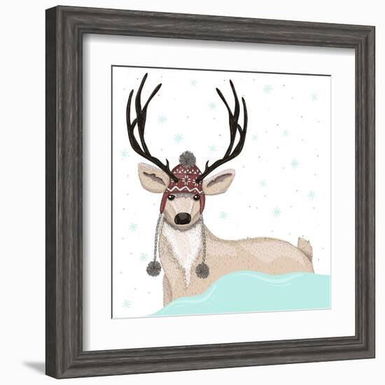 Cute Deer With Hat Winter Background-cherry blossom girl-Framed Art Print