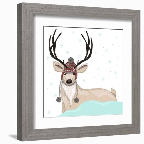 Cute Deer With Hat Winter Background-cherry blossom girl-Framed Art Print