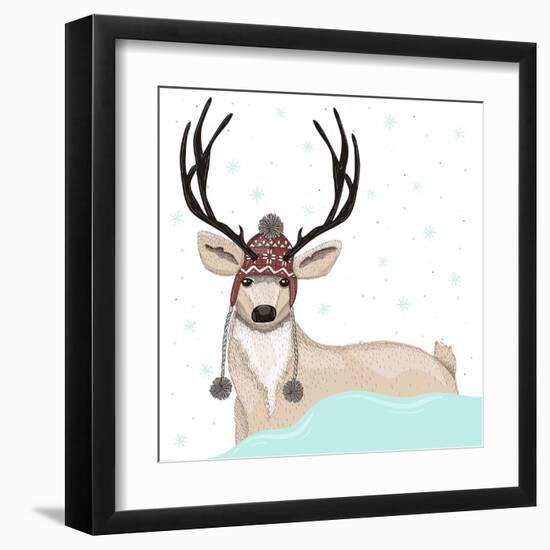 Cute Deer With Hat Winter Background-cherry blossom girl-Framed Art Print