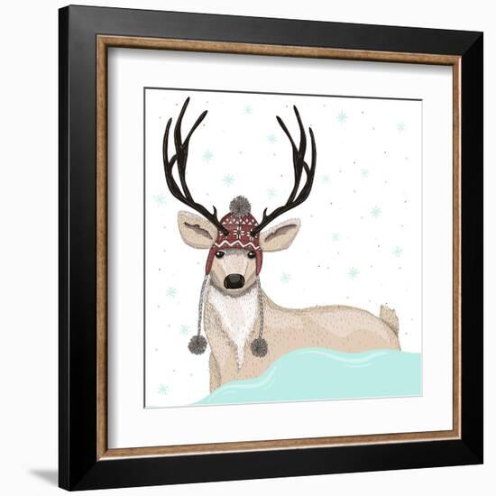 Cute Deer With Hat Winter Background-cherry blossom girl-Framed Art Print