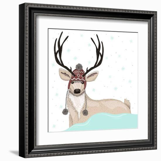 Cute Deer With Hat Winter Background-cherry blossom girl-Framed Art Print