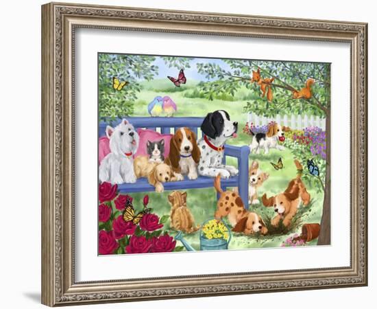 Cute Dogs in Garden-MAKIKO-Framed Giclee Print