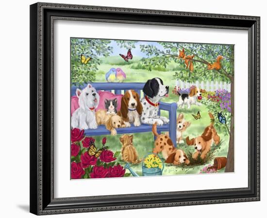 Cute Dogs in Garden-MAKIKO-Framed Giclee Print