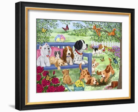 Cute Dogs in Garden-MAKIKO-Framed Giclee Print